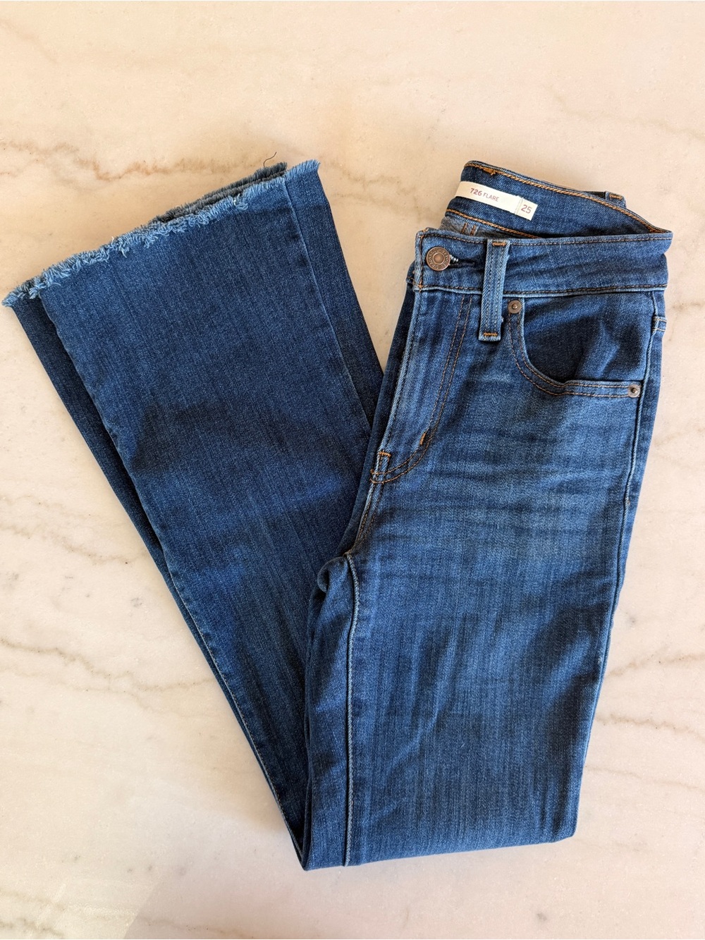 Levi's Dark Blue Flared Jeans with Raw Hem-Short
